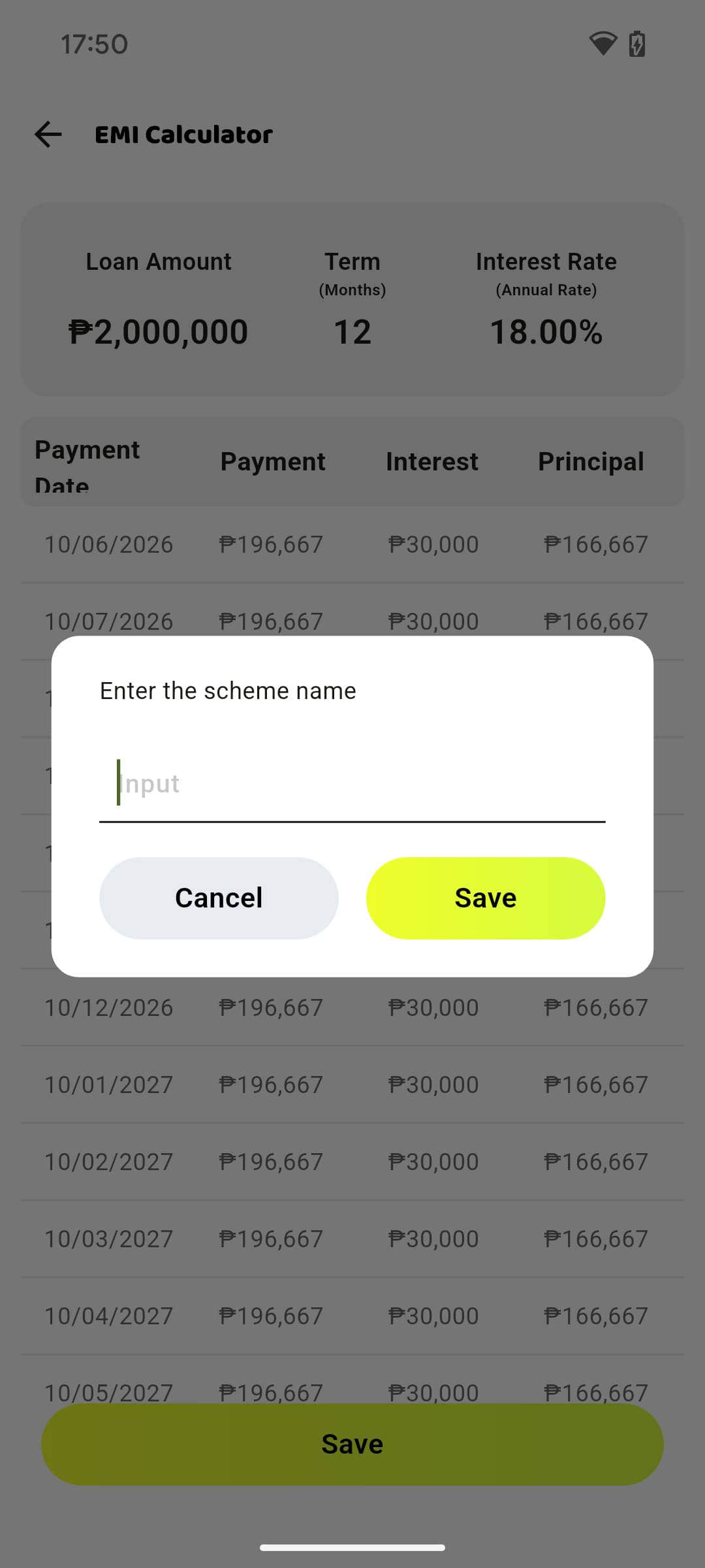 Payment schedule save dialog